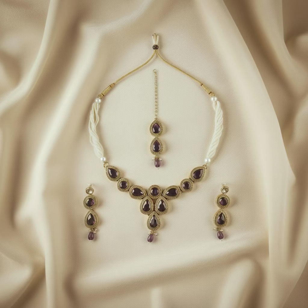 Elegant Gold-Plated Purple Stone Necklace Set with Earrings