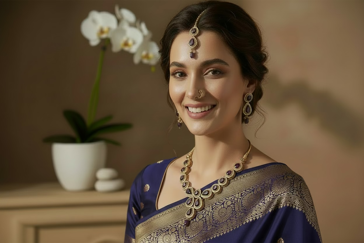 Elegant Gold-Plated Purple Stone Necklace Set with Earrings