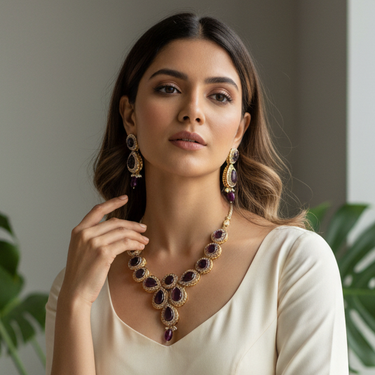 Elegant Gold-Plated Purple Stone Necklace Set with Earrings